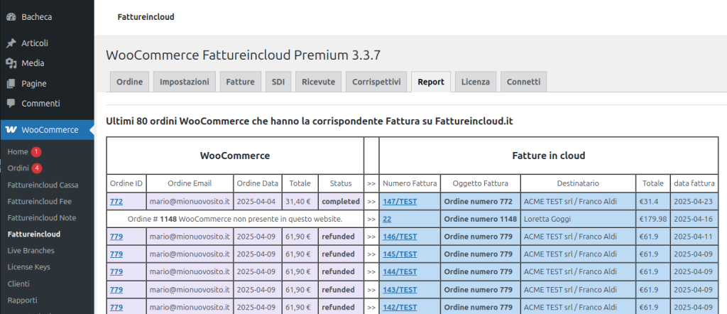 Report WFatture: corrispondenza tra fatture Fattureincloud e ordini WooCommerce