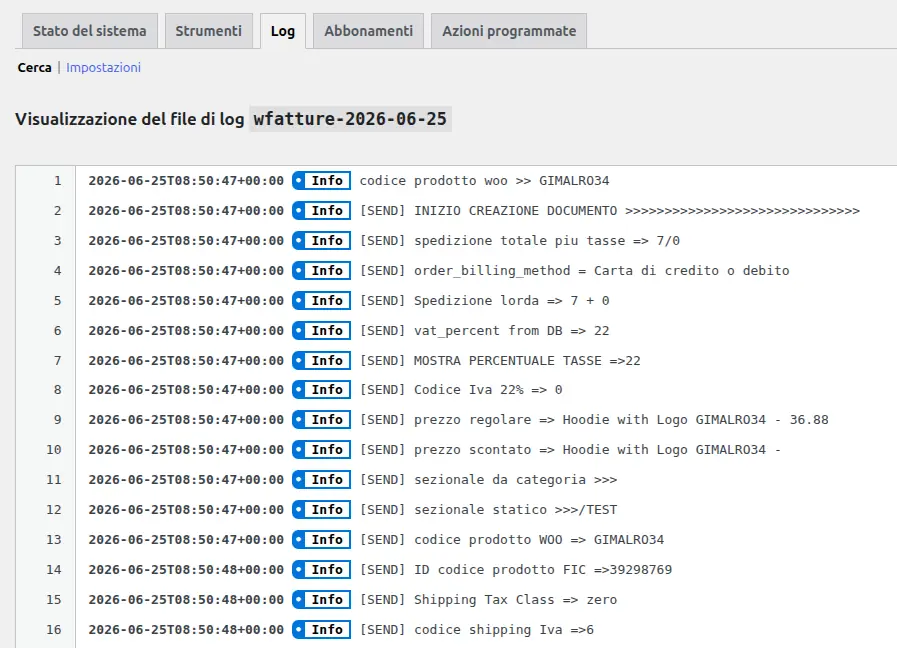 esempio messaggi di log di wfatture